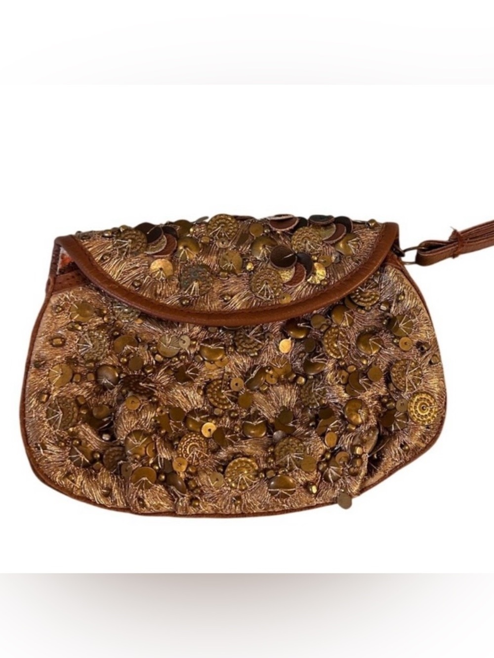 Lucky Penny Sequin Beaded Wristlet Clutch Bag Bronze Gold Metallic Boho Floral